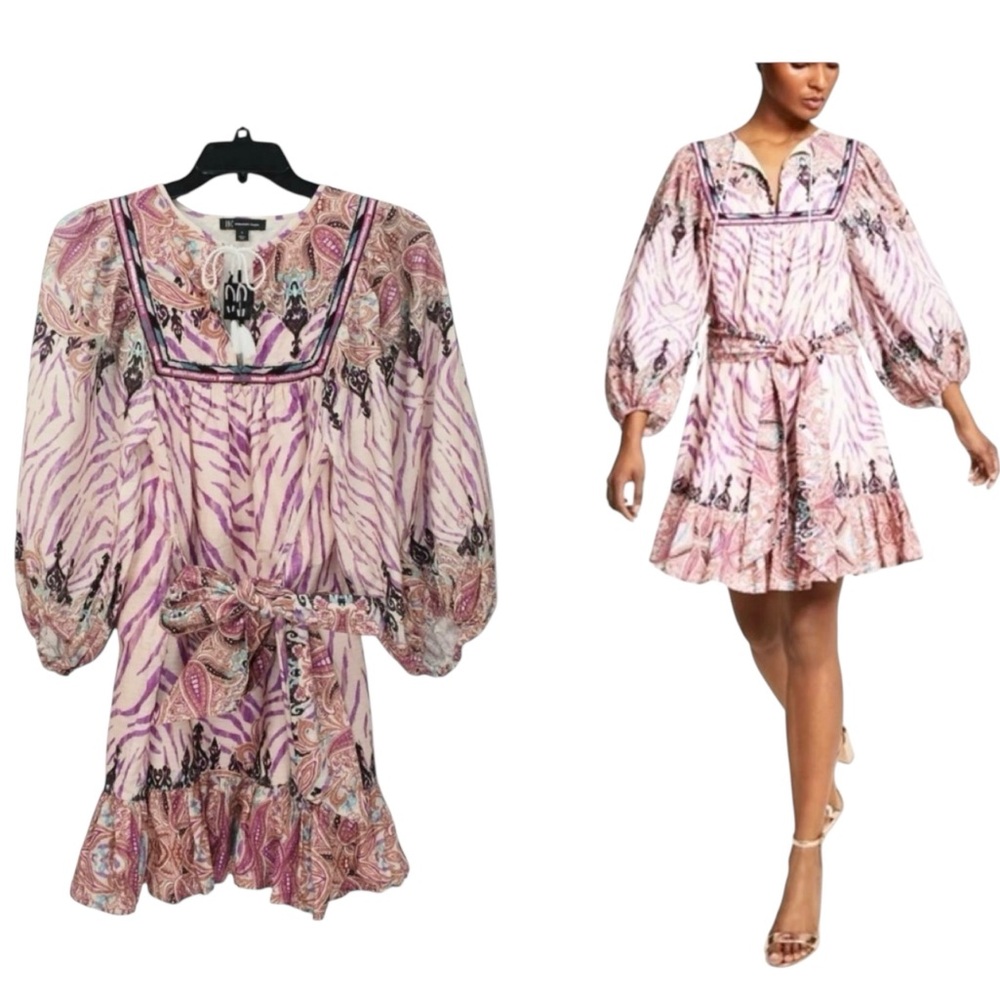 I.N.C Pink Boho Zebra Strip Paisley Print Mini Dress Size Small Ruffle Sm